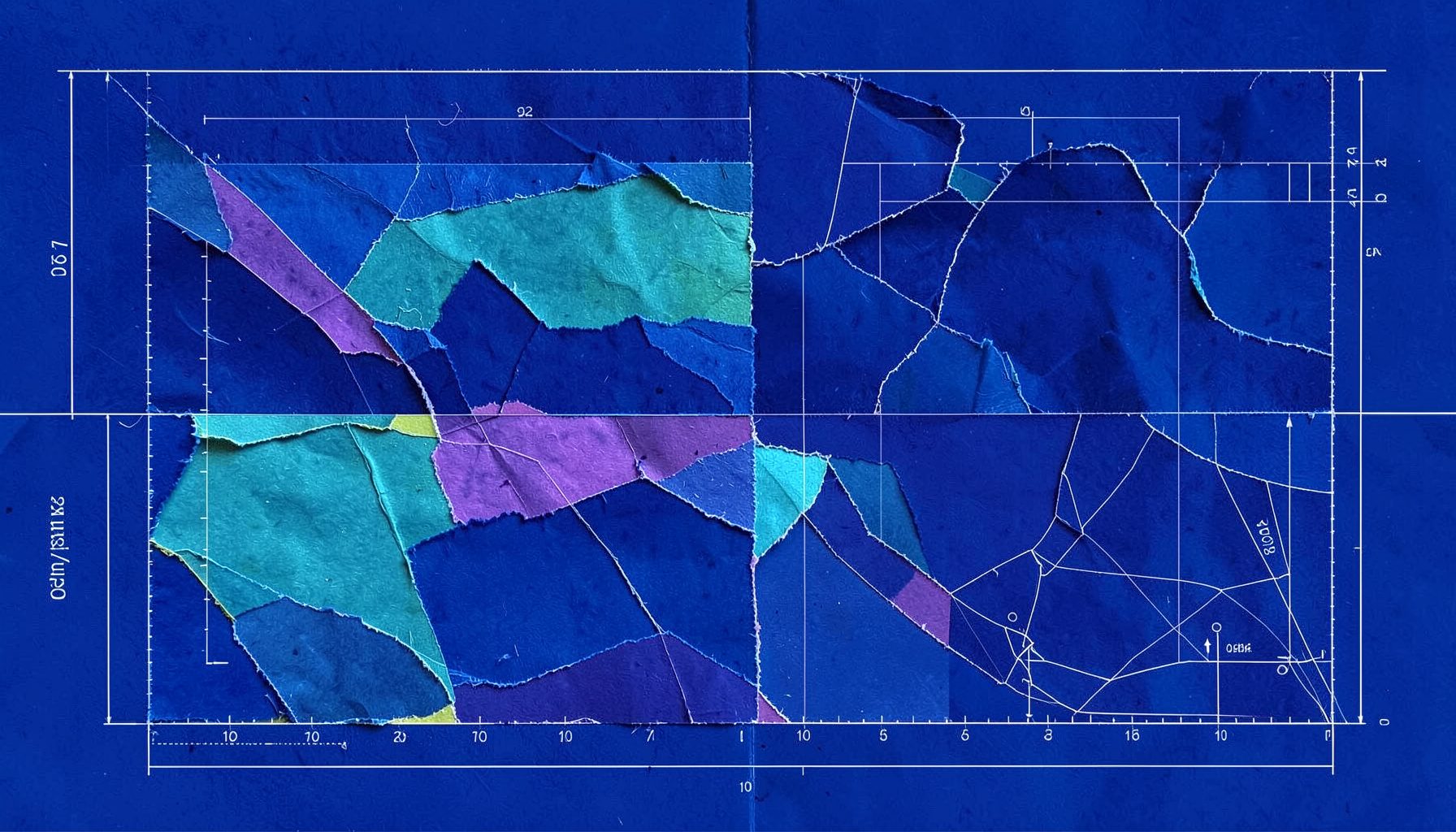 Abstrakte Collage aus gerissenen Papierstrukturen in tiefem Kobaltblau und Indigo, durchzogen von tealfarbenen und violetten Schichten, mit vereinzelten limettengrünen Akzenten, die an überlagerte Blattformen erinnern
